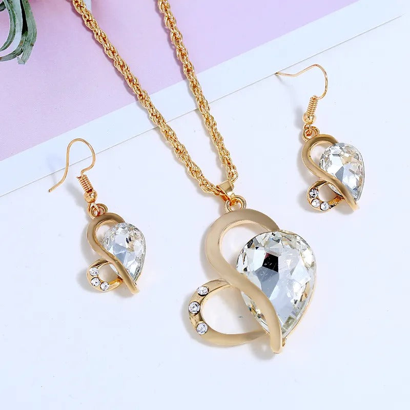 Gold Plated Heart Jewellery Set Clear Jewellery Set Clear Crystal Dangle Earrings Drop Earrings Jewellery Set Pendant Necklace Purple Red Rhinestone Yellow Gold Plated