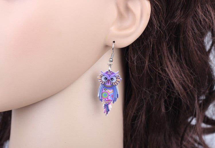 Cute Owl Earrings Earrings Acrylic Animal Bird Drop Earrings Fish Hook Earrings Green Iron Multi Coloured Owl Purple