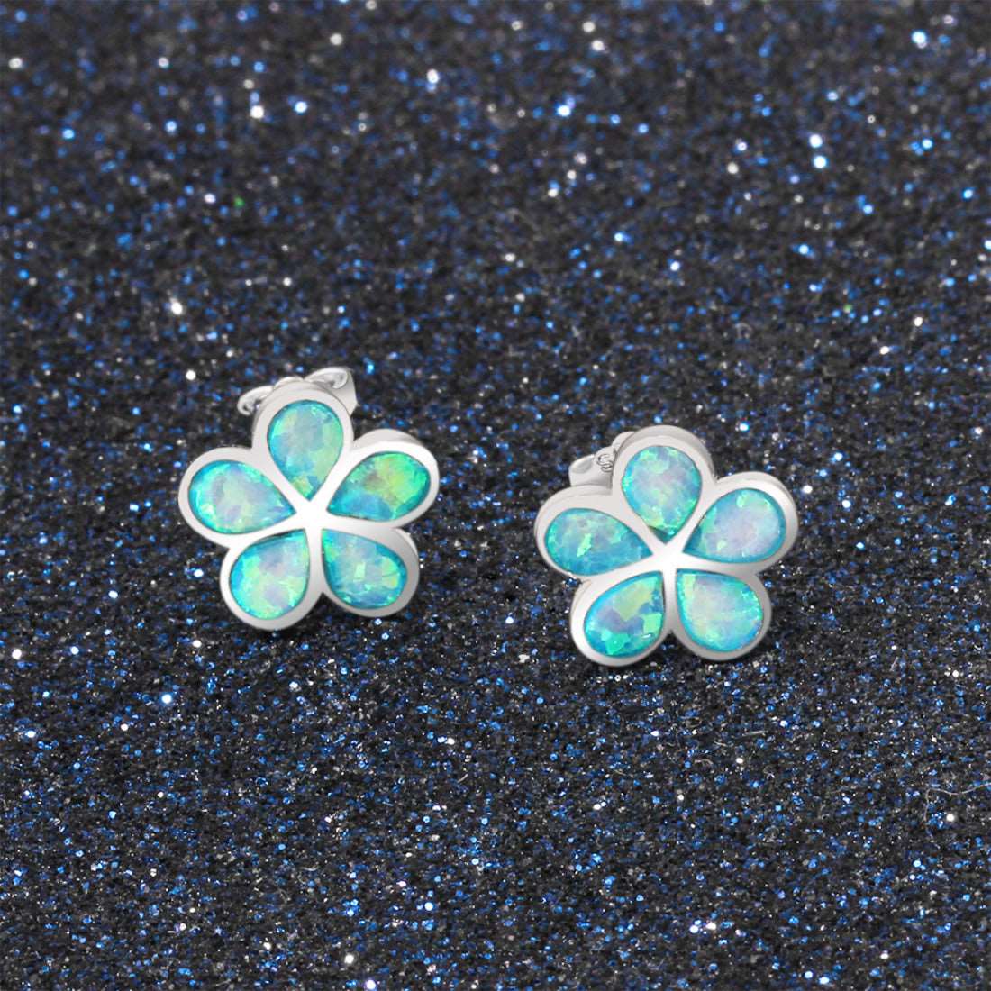 Blue Opal Sterling Silver Flower Stud Earrings Earrings Blue Opal Sterling Silver Stud Earrings