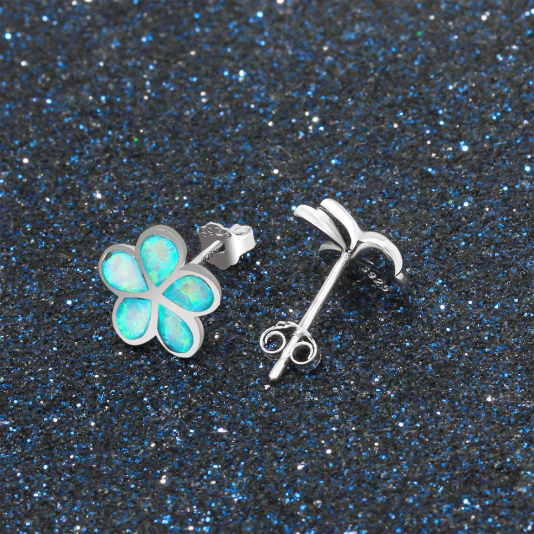 Blue Opal Sterling Silver Flower Stud Earrings Earrings Blue Opal Sterling Silver Stud Earrings