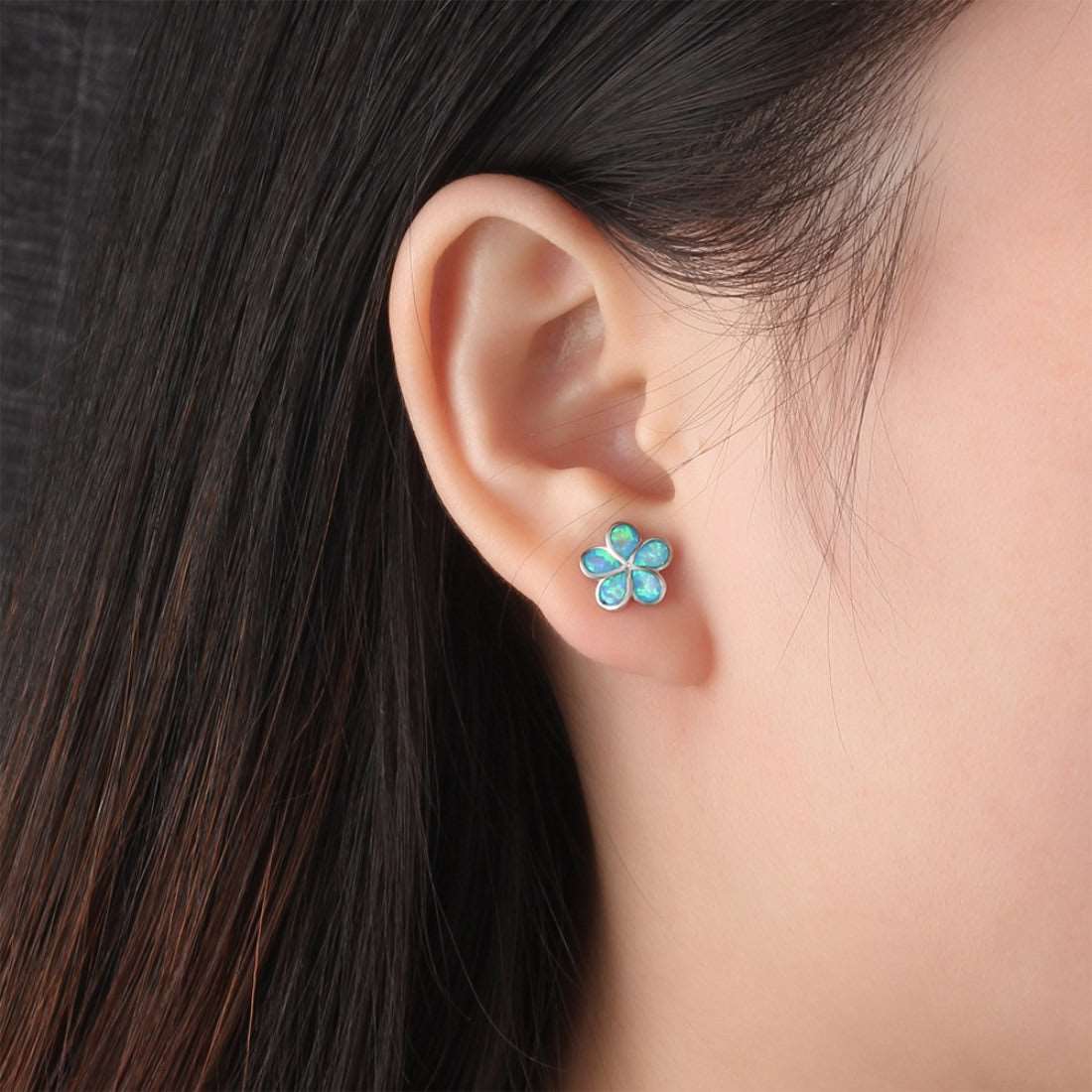 Blue Opal Sterling Silver Flower Stud Earrings Earrings Blue Opal Sterling Silver Stud Earrings