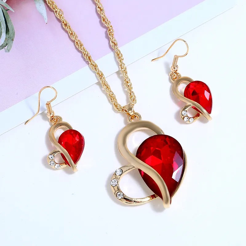 Gold Plated Heart Jewellery Set Jewellery Set Clear Crystal Dangle Earrings Drop Earrings Jewellery Set Pendant Necklace Purple Red Rhinestone Yellow Gold Plated