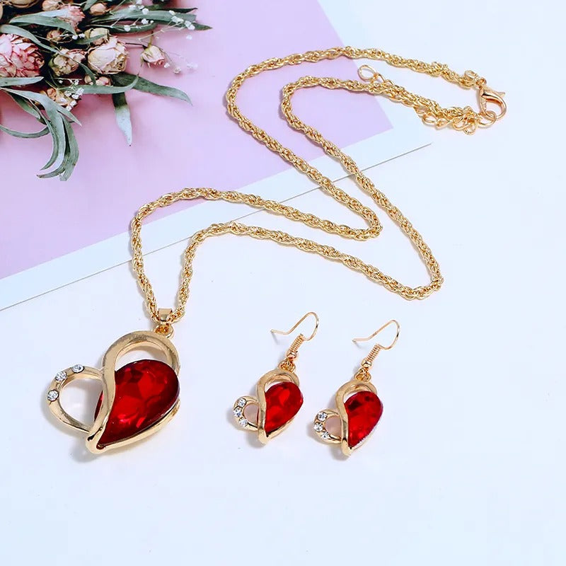 Gold Plated Heart Jewellery Set Jewellery Set Clear Crystal Dangle Earrings Drop Earrings Jewellery Set Pendant Necklace Purple Red Rhinestone Yellow Gold Plated