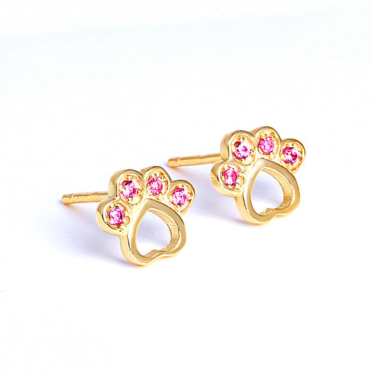 Sterling Silver Paw Stud Earrings Yellow Gold Plated Earrings Animal Cubic Zirconia Paw Rose Gold Plated Sterling Silver Stud Earrings Yellow