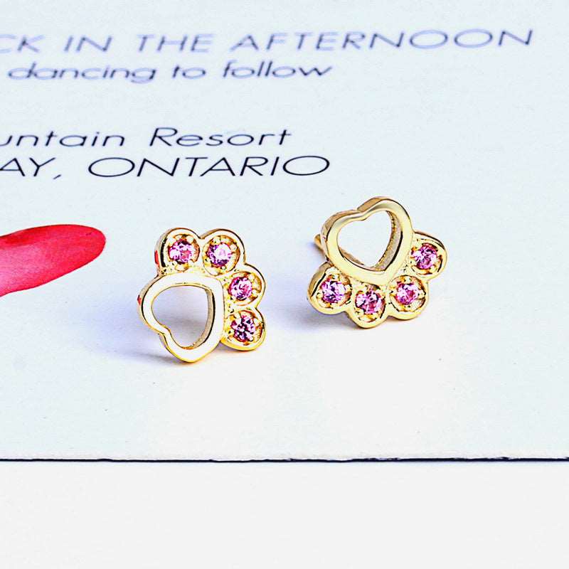 Sterling Silver Paw Stud Earrings Earrings Animal Cubic Zirconia Paw Rose Gold Plated Sterling Silver Stud Earrings Yellow