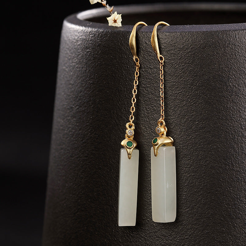 Sterling Silver Hetian Jade Earrings Earrings Chain Earrings Drop Earrings Fish Hook Earrings Hetian Jade Sterling Silver Yellow Gold Plated