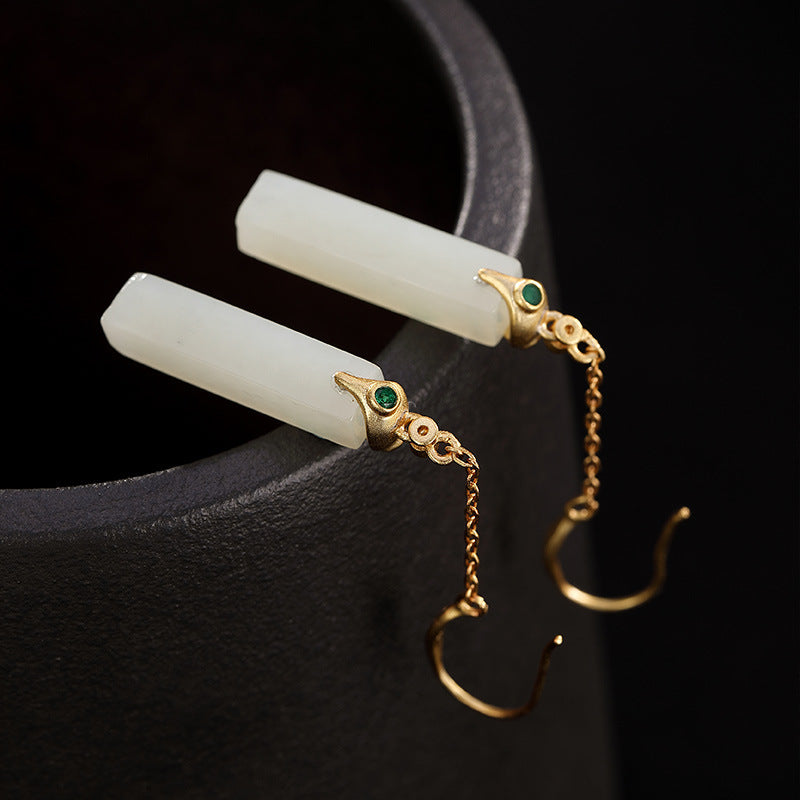 Sterling Silver Hetian Jade Earrings Earrings Chain Earrings Drop Earrings Fish Hook Earrings Hetian Jade Sterling Silver Yellow Gold Plated