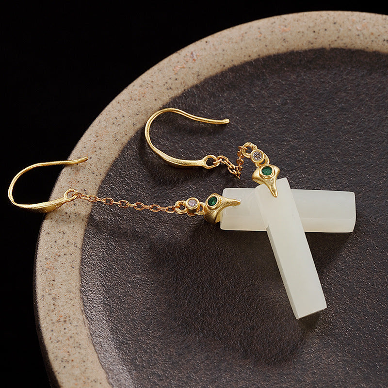 Sterling Silver Hetian Jade Earrings Earrings Chain Earrings Drop Earrings Fish Hook Earrings Hetian Jade Sterling Silver Yellow Gold Plated
