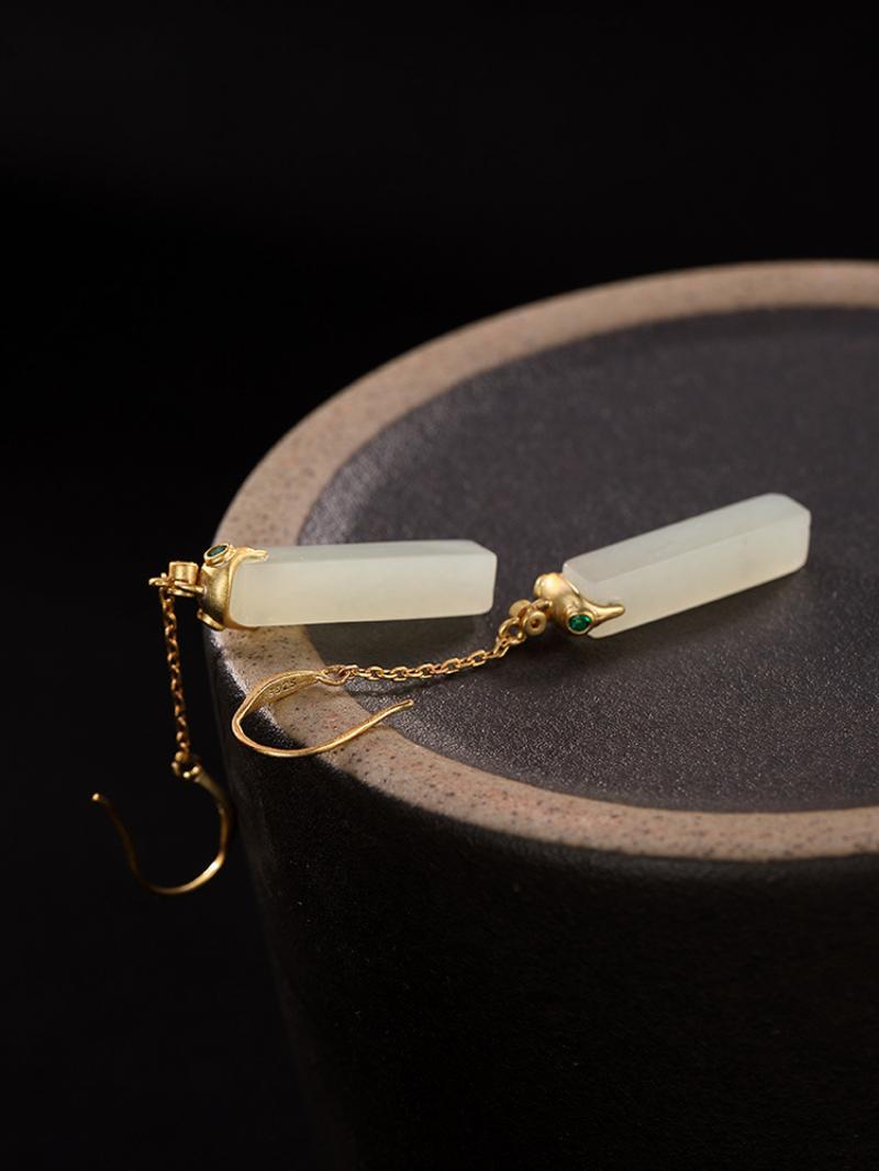 Sterling Silver Hetian Jade Earrings Earrings Chain Earrings Drop Earrings Fish Hook Earrings Hetian Jade Sterling Silver Yellow Gold Plated