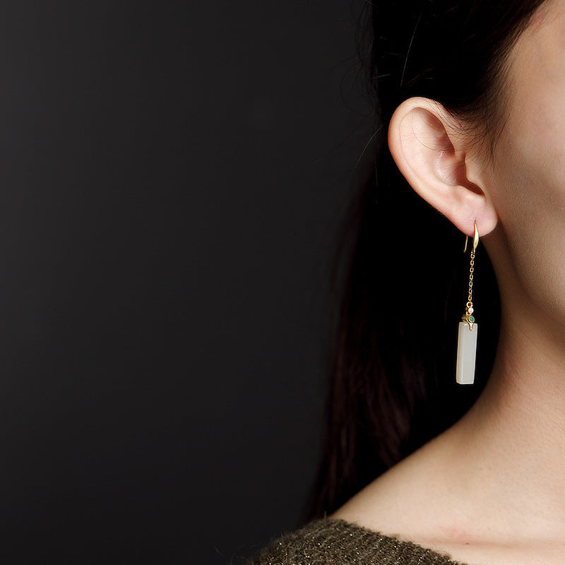 Sterling Silver Hetian Jade Earrings Earrings Chain Earrings Drop Earrings Fish Hook Earrings Hetian Jade Sterling Silver Yellow Gold Plated
