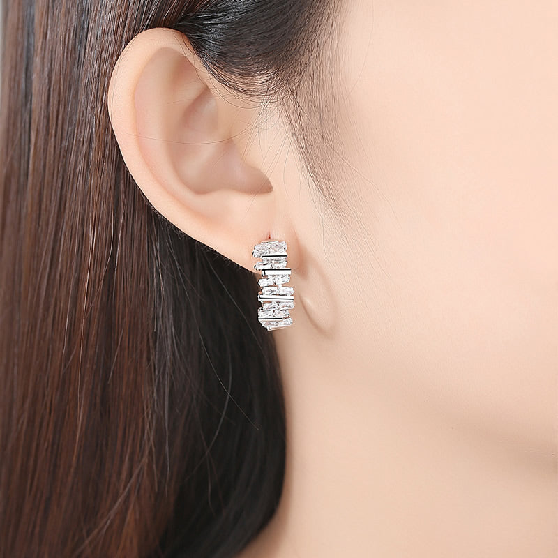 Cubic Zirconia Hoop Earrings | Baguette Cut | Gold or Silver Plated | Gift Boxed