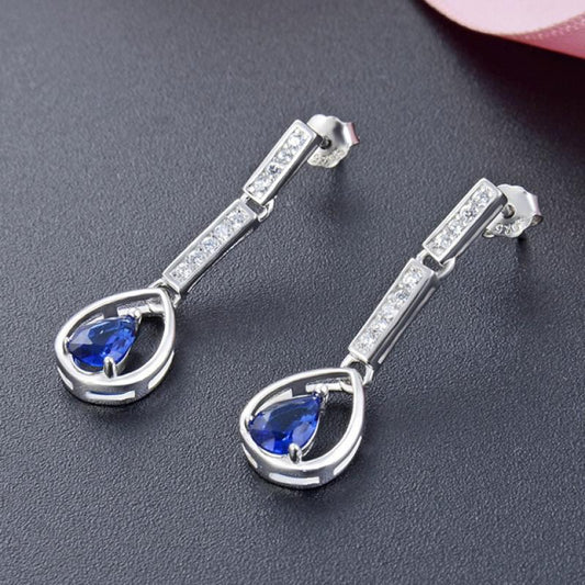 925 Sterling Silver Blue CZ Drop Earrings | 26mm Dangle | Boxed