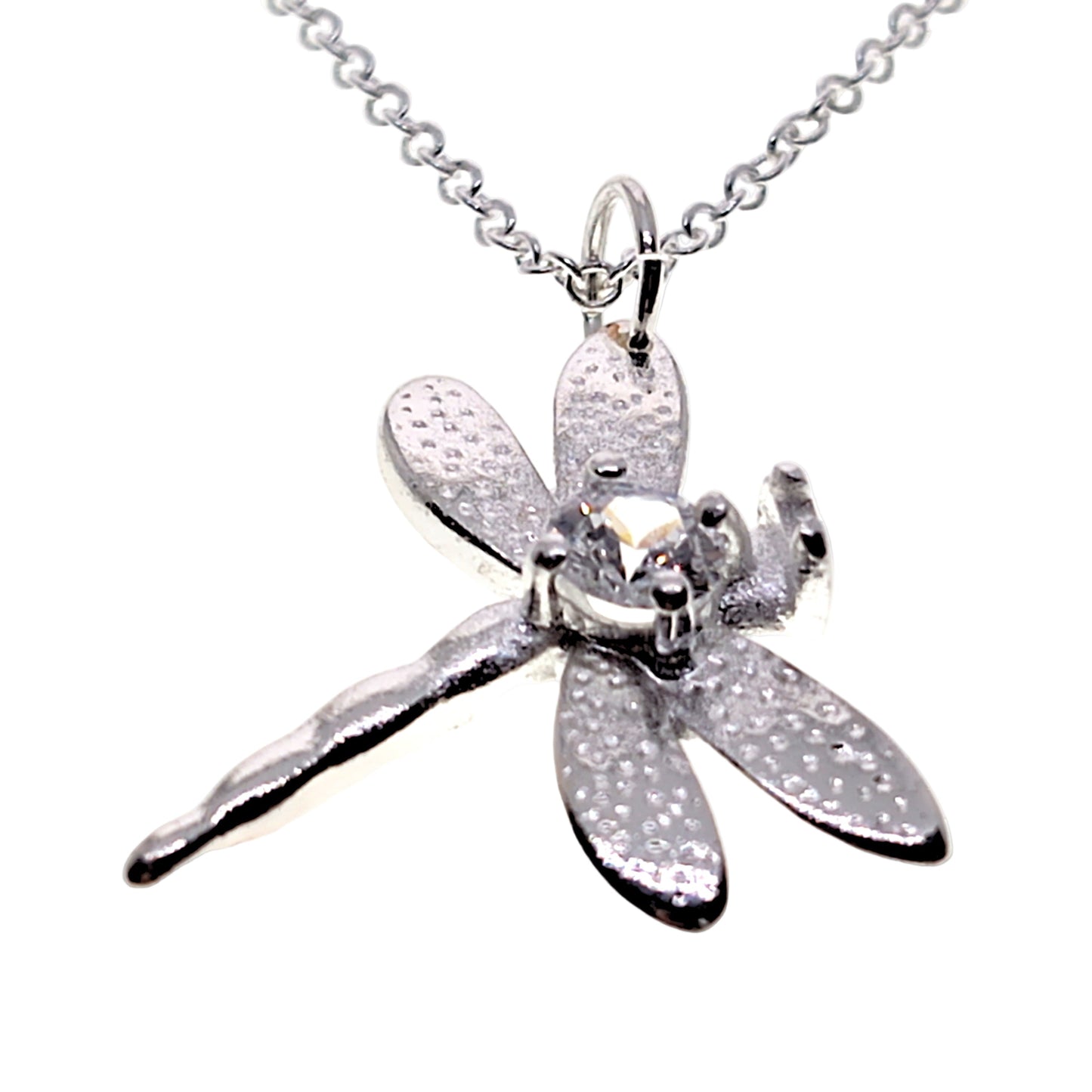 Silver dragonfly pendant necklace on a white background