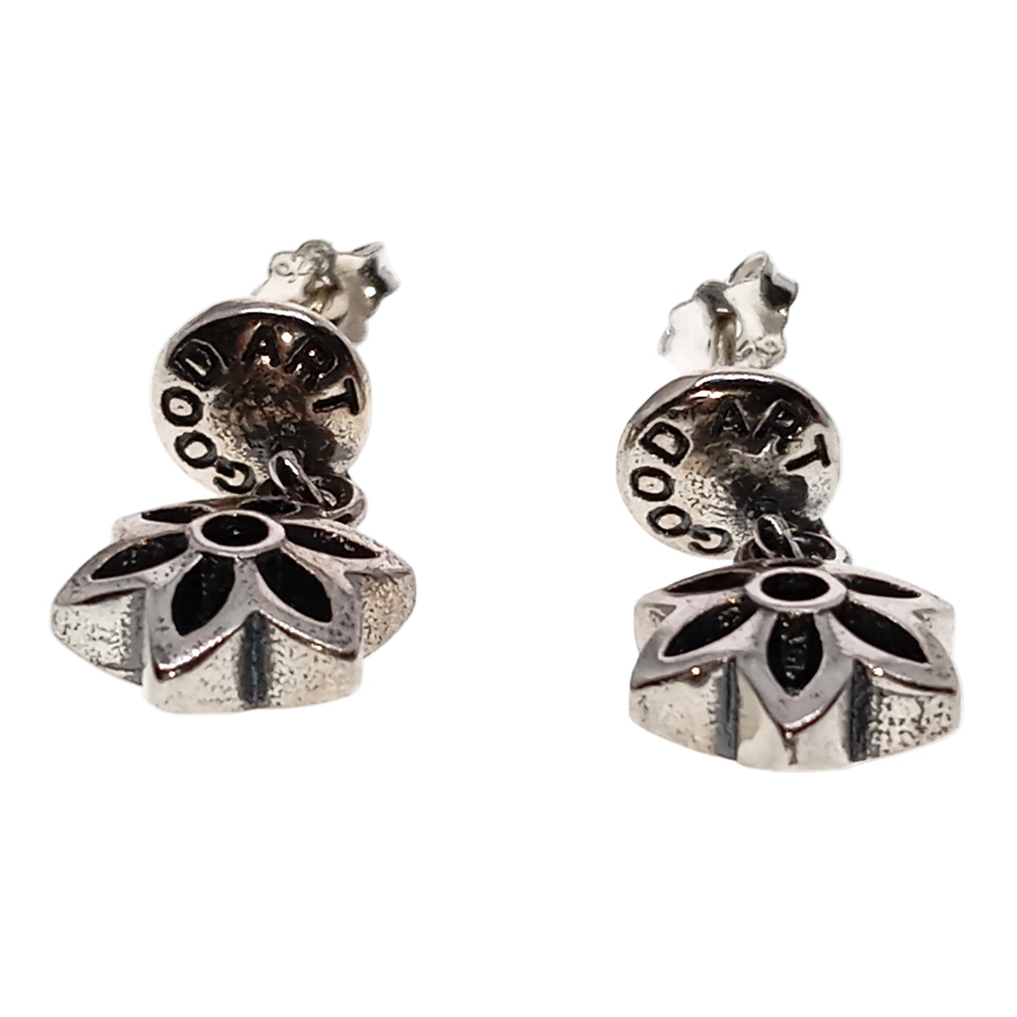 Pair of silver earrings with floral design on a white background