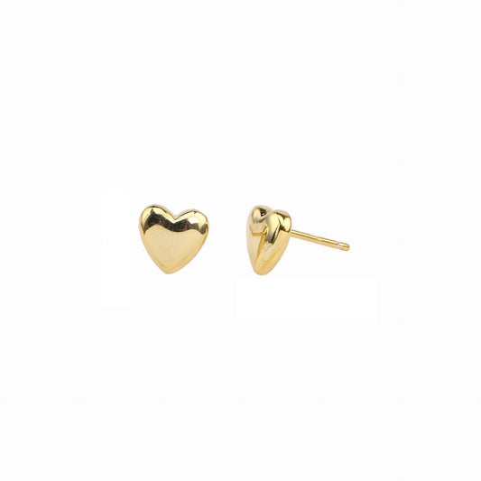 Gold heart-shaped stud earrings on a white background