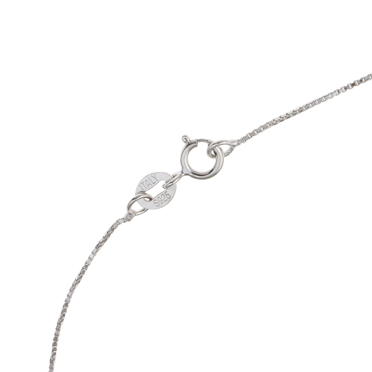 Close-up of a silver necklace chain with clasp on a white background