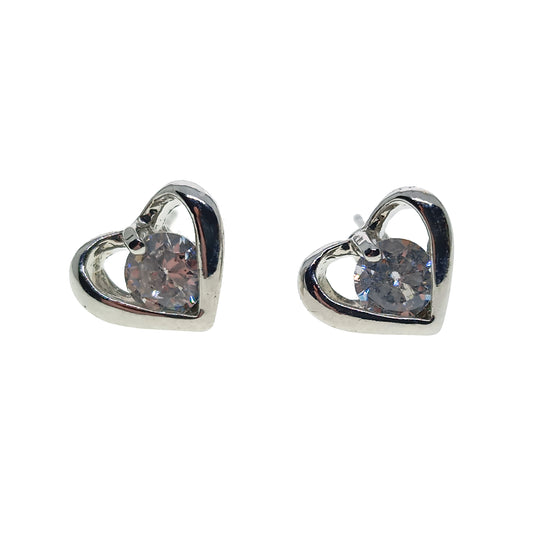 Silver Plated Crystal Heart Stud Earrings | 9x11mm Size | Boxed