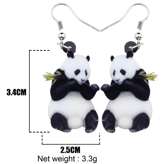 Panda-shaped earrings with measurements and weight on a white background