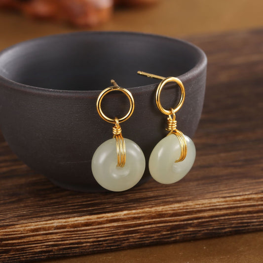 Yellow Gold Plated Sterling Silver Hetian Jade Earrings
