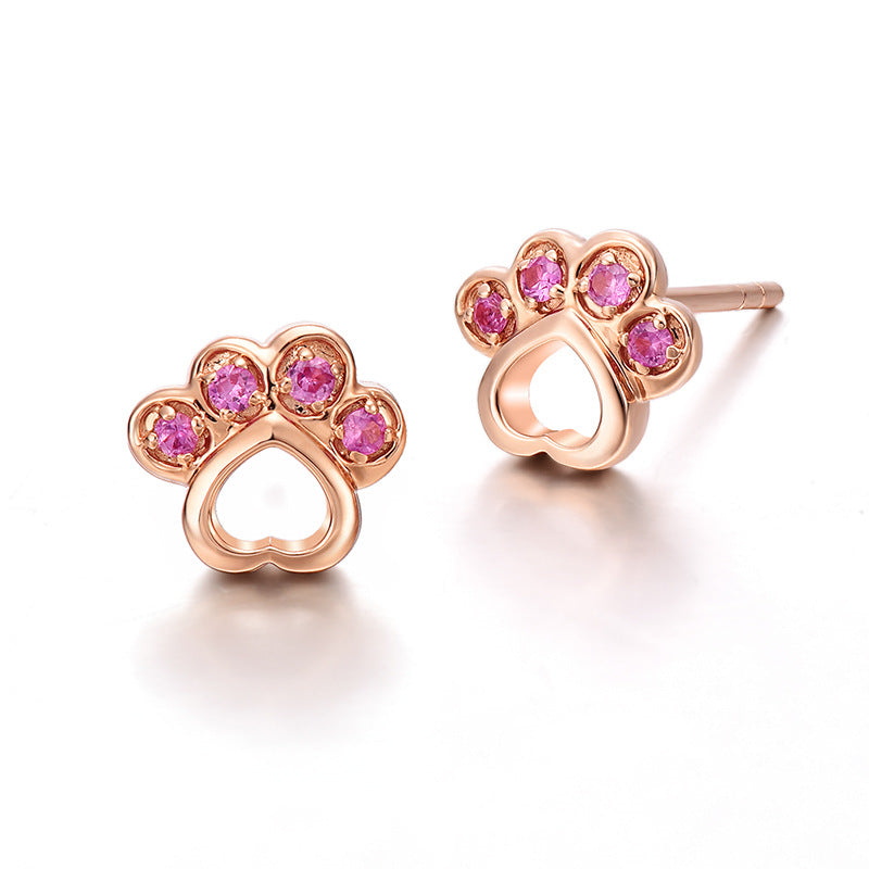 Sterling Silver Paw Stud Earrings Rose Gold Plated Earrings Animal Cubic Zirconia Paw Rose Gold Plated Sterling Silver Stud Earrings Yellow