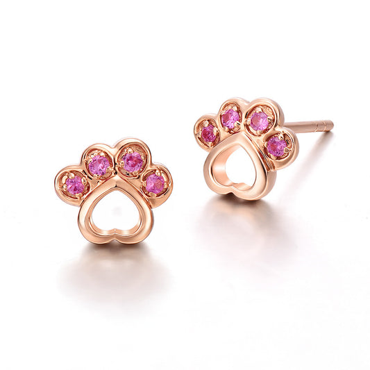 Sterling Silver Paw Stud Earrings Rose Gold Plated Earrings Animal Cubic Zirconia Paw Rose Gold Plated Sterling Silver Stud Earrings Yellow