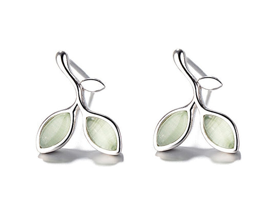 Sterling Silver Cats Eye Stud Earrings - Leaf Earrings Cats Eye Platinum Plated Sterling Silver Stud Earrings