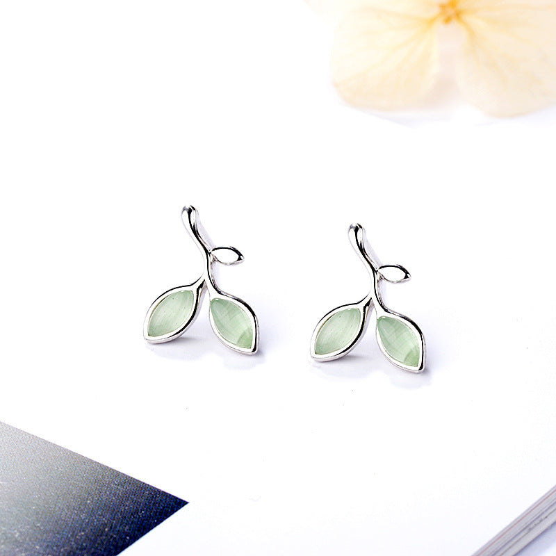 Sterling Silver Cats Eye Stud Earrings - Leaf Earrings Cats Eye Platinum Plated Sterling Silver Stud Earrings