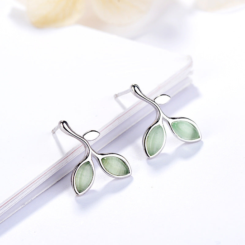 Sterling Silver Cats Eye Stud Earrings - Leaf Earrings Cats Eye Platinum Plated Sterling Silver Stud Earrings