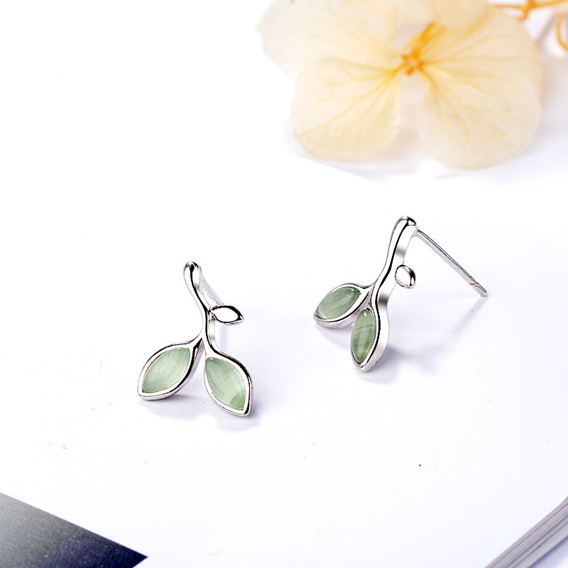 Sterling Silver Cats Eye Stud Earrings - Leaf Earrings Cats Eye Platinum Plated Sterling Silver Stud Earrings