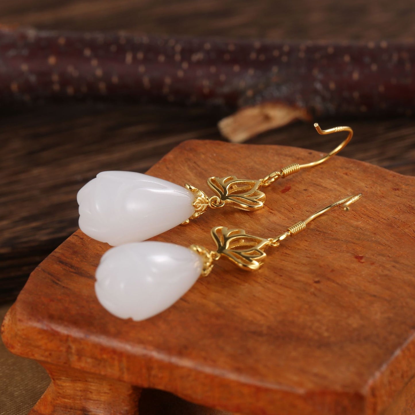 Gold Plated Sterling Silver Hetian Jade Earrings Earrings Dangle Earrings Drop Earrings Hetian Jade Sterling Silver Yellow Gold Plated