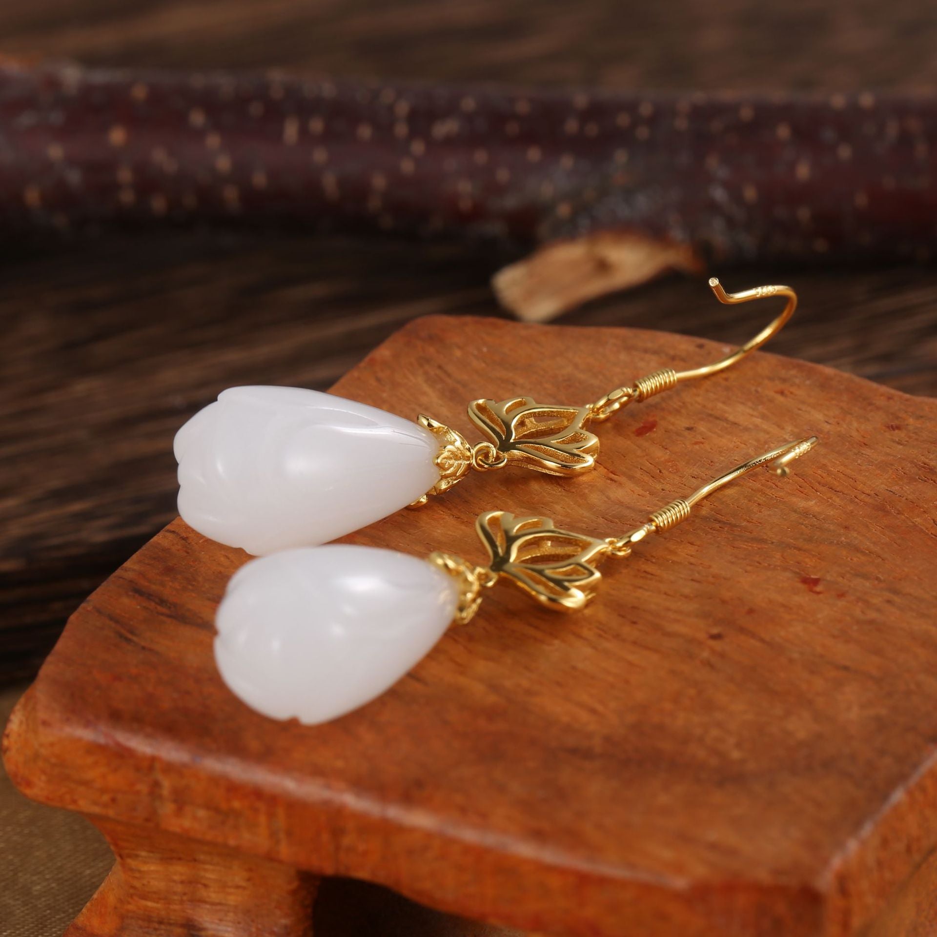 Gold Plated Sterling Silver Hetian Jade Earrings Earrings Dangle Earrings Drop Earrings Hetian Jade Sterling Silver Yellow Gold Plated