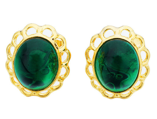 Yellow Gold Plated Green Stud Earrings | 9x11mm | Gift Boxed