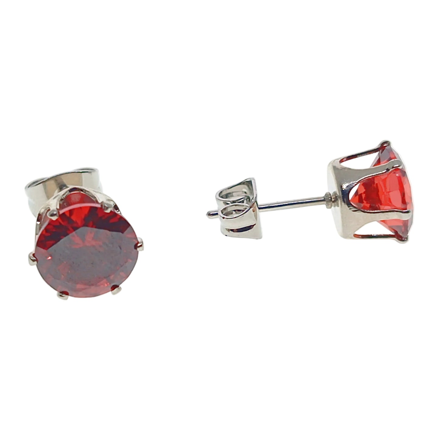 Silver stud earrings with red gemstones on a white background