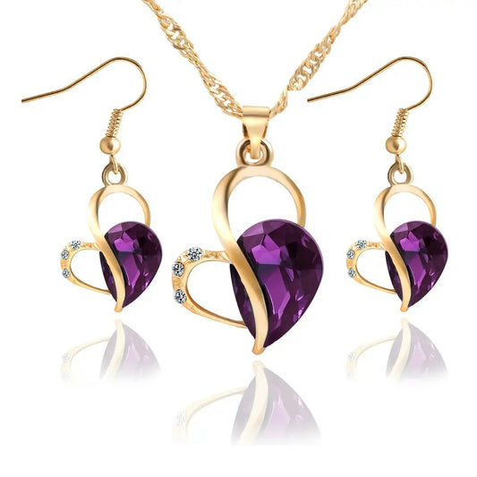 Gold Plated Heart Jewellery Set Purple Jewellery Set Clear Crystal Dangle Earrings Drop Earrings Jewellery Set Pendant Necklace Purple Red Rhinestone Yellow Gold Plated