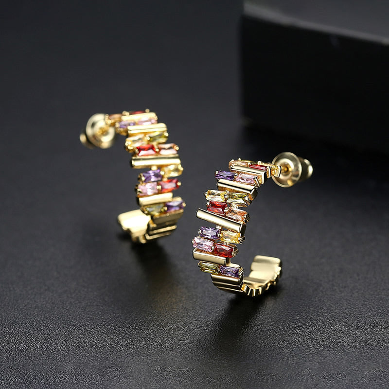 Cubic Zirconia Hoop Earrings | Baguette Cut | Gold or Silver Plated | Gift Boxed