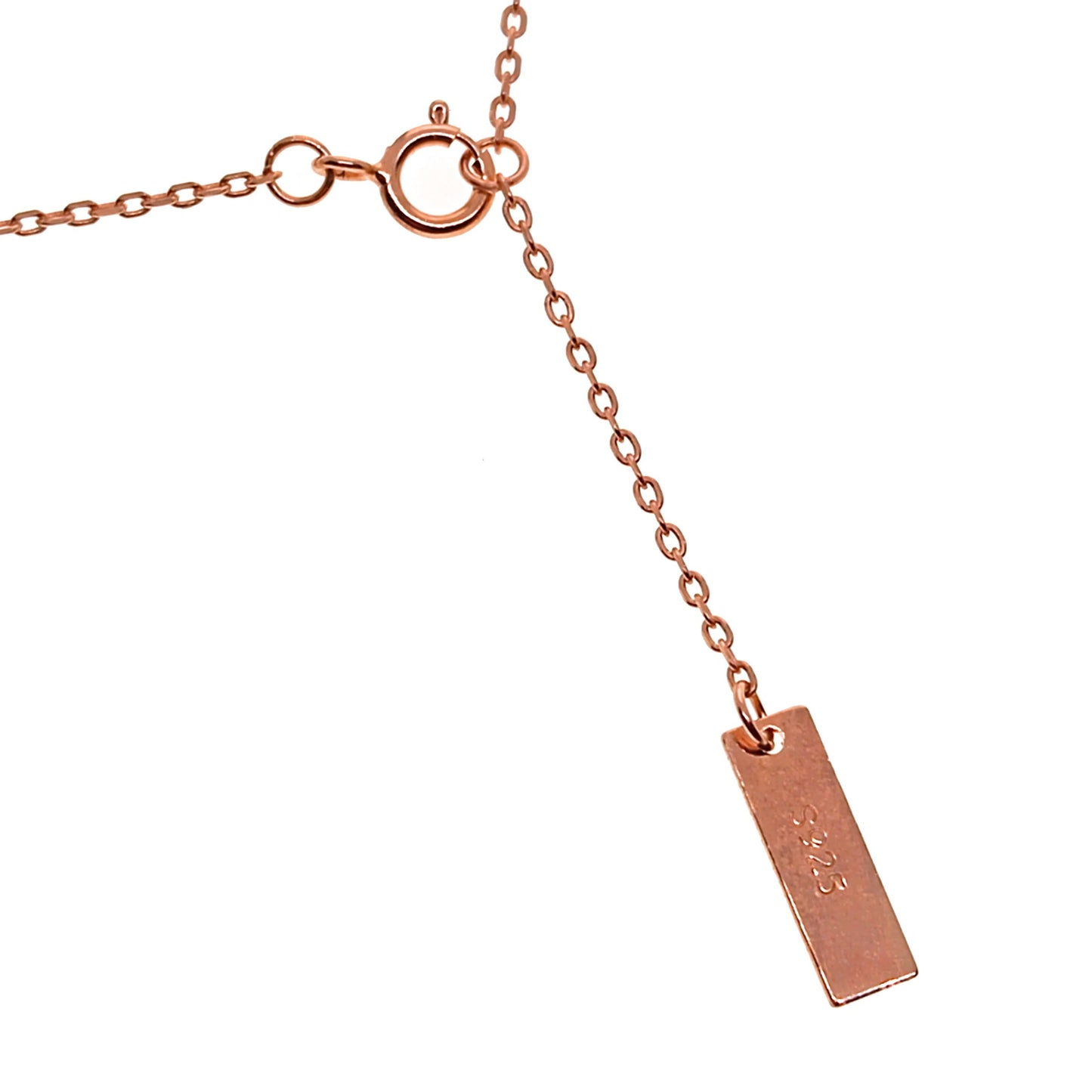 Rose gold necklace with a rectangular pendant on a white background