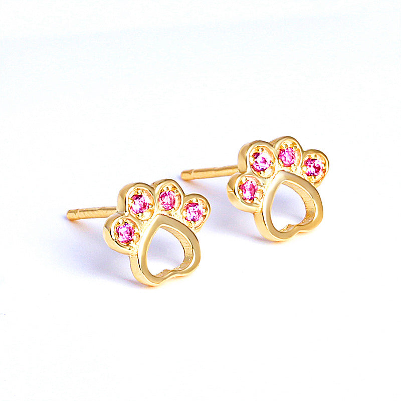Sterling Silver Paw Stud Earrings Yellow Gold Plated Earrings Animal Cubic Zirconia Paw Rose Gold Plated Sterling Silver Stud Earrings Yellow