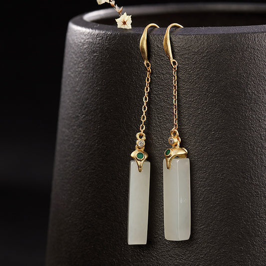 Sterling Silver Hetian Jade Earrings Earrings Chain Earrings Drop Earrings Fish Hook Earrings Hetian Jade Sterling Silver Yellow Gold Plated