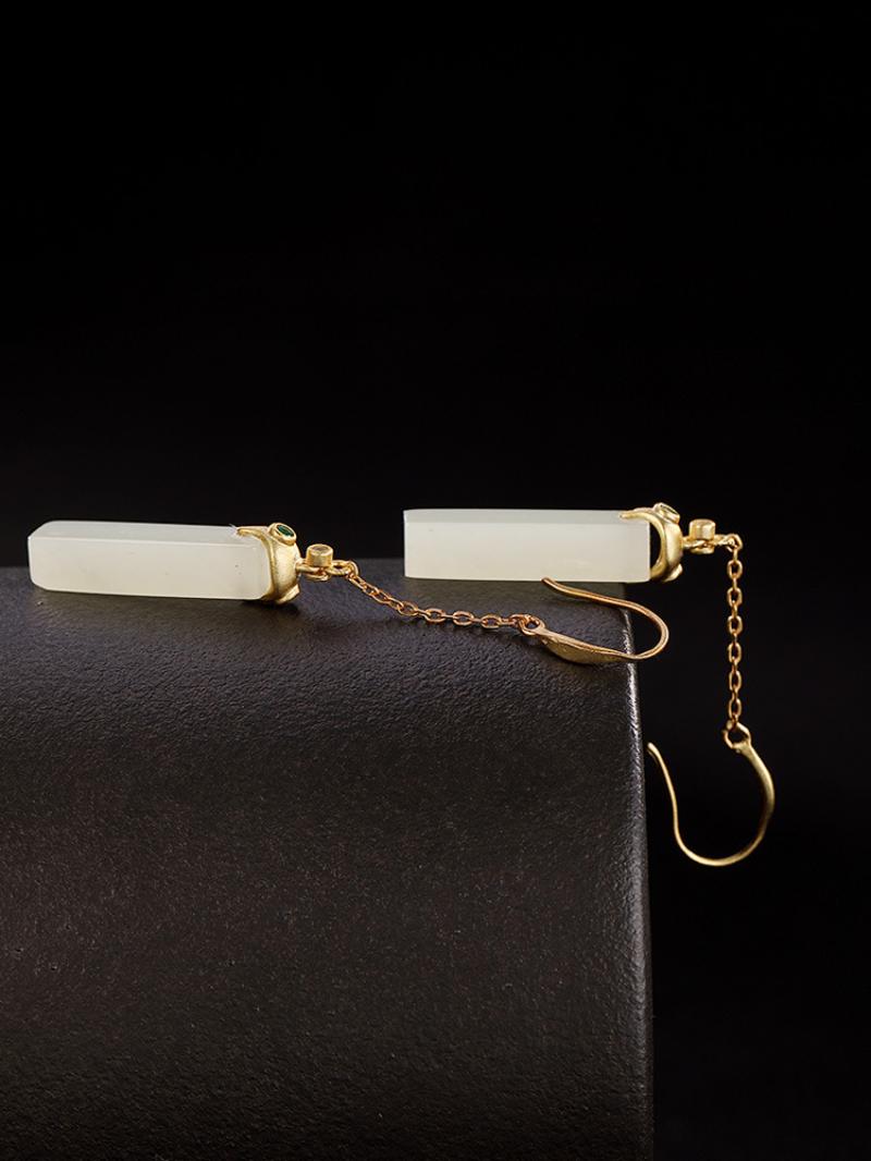Sterling Silver Hetian Jade Earrings Earrings Chain Earrings Drop Earrings Fish Hook Earrings Hetian Jade Sterling Silver Yellow Gold Plated