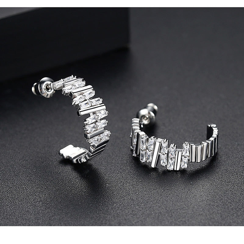 Cubic Zirconia Hoop Earrings | Baguette Cut | Gold or Silver Plated | Gift Boxed