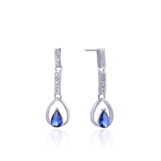 925 Sterling Silver Blue CZ Drop Earrings | 26mm Dangle | Boxed