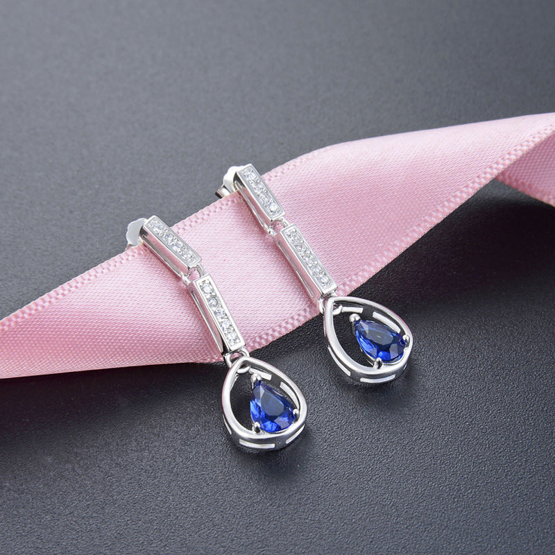 925 Sterling Silver Blue CZ Drop Earrings | 26mm Dangle | Boxed