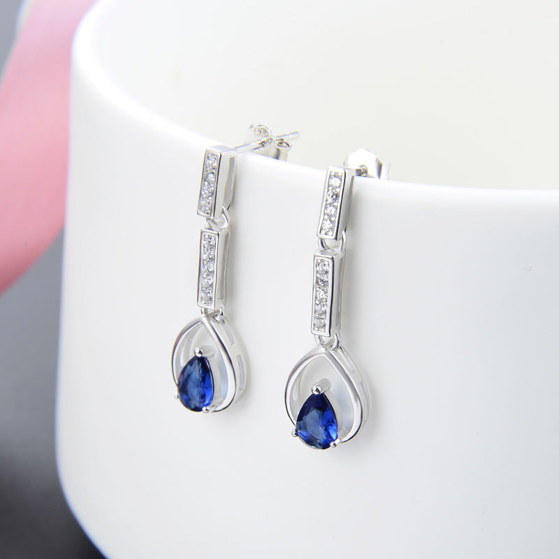925 Sterling Silver Blue CZ Drop Earrings | 26mm Dangle | Boxed