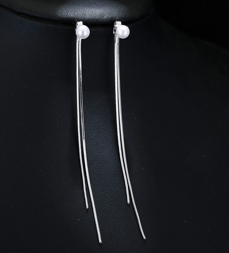 Silver Plated Imitation Pearl Tassel Earrings Earrings Brass Dangle Earrings Imitation Pearls Silver Plated Tassel Earrings