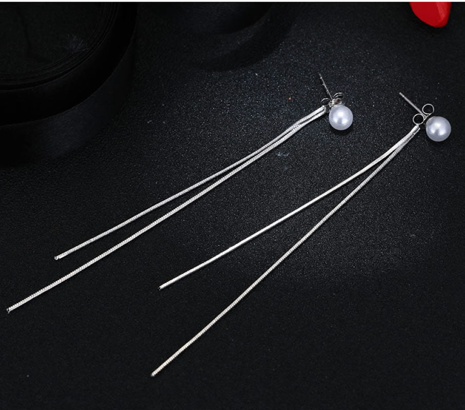 Silver Plated Imitation Pearl Tassel Earrings Earrings Brass Dangle Earrings Imitation Pearls Silver Plated Tassel Earrings