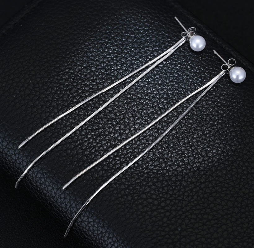 Silver Plated Imitation Pearl Tassel Earrings Earrings Brass Dangle Earrings Imitation Pearls Silver Plated Tassel Earrings