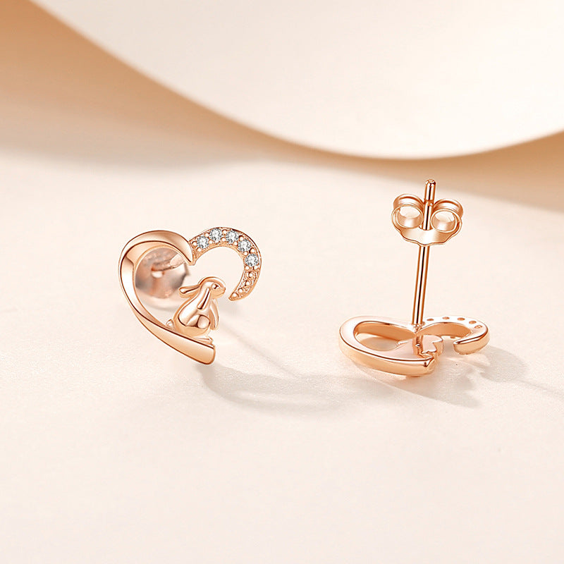 Sterling Silver Rabbit Stud Earrings Rose Gold Plated Earrings Animal Heart Platinum Plated Rabbit Rose Gold Plated Sterling Silver Stud Earrings