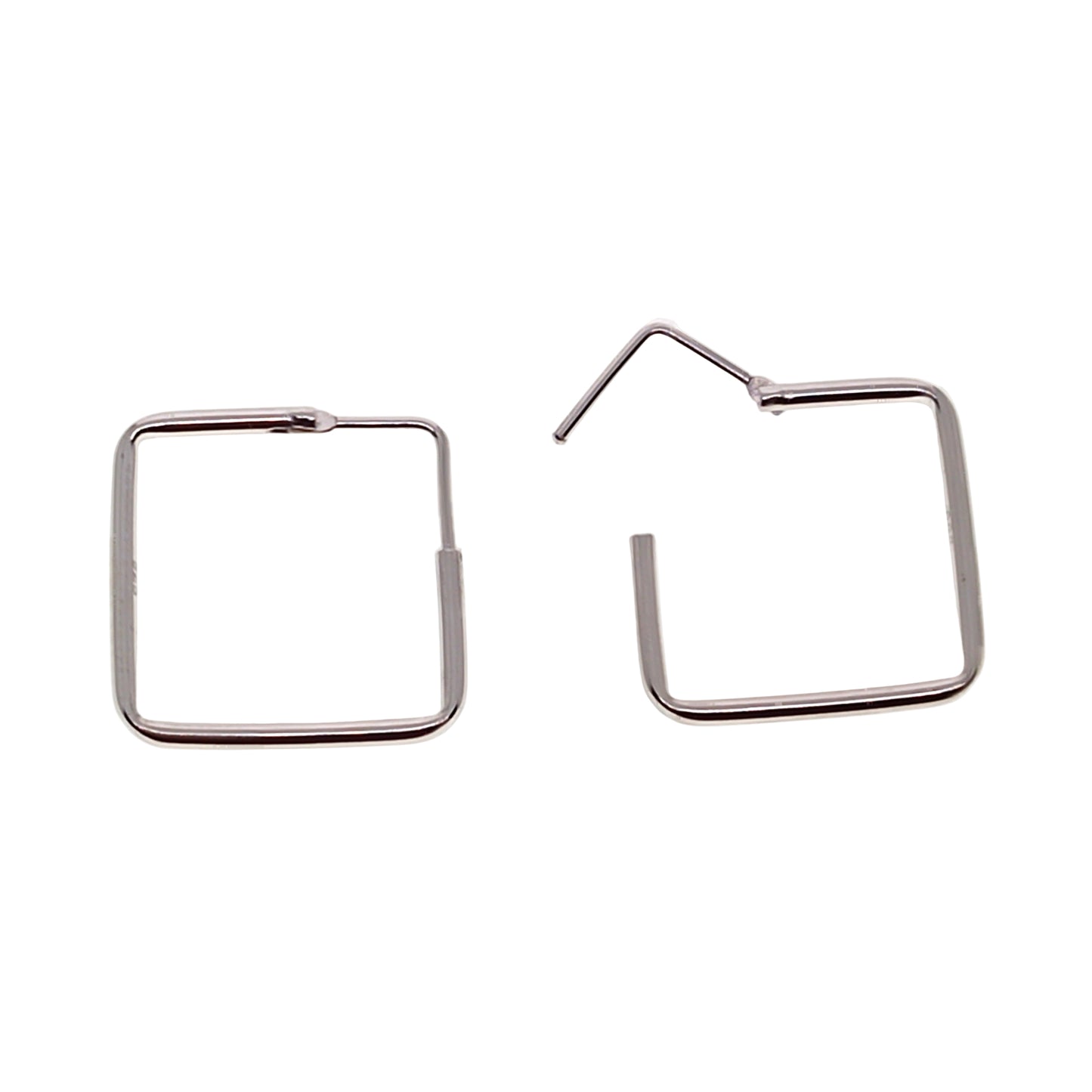 Pair of silver square hoop earrings on a white background
