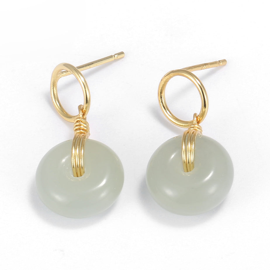 925 Sterling Silver Yellow Gold Plated Hetian Jade Earrings | 24mm | Gift Boxed