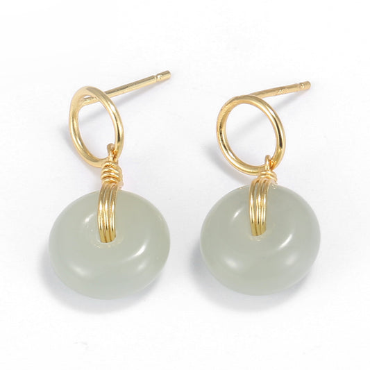 925 Sterling Silver Yellow Gold Plated Hetian Jade Stud Earrings | Gift Boxed